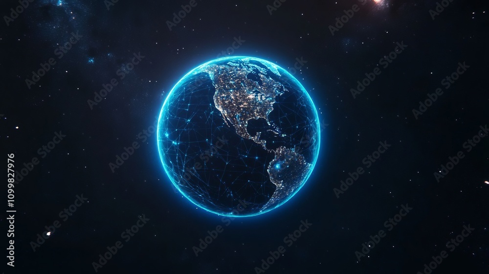 Naklejka premium Abstract digital blue background with glowing connections and a global map, internet connection of the planet Earth for business data transfer or social media communication in space on a dark backdrop