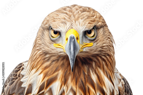 Close-up of a Golden Eagle head, highlighting its keen eyes and detailed feathers, isolated on white background photo