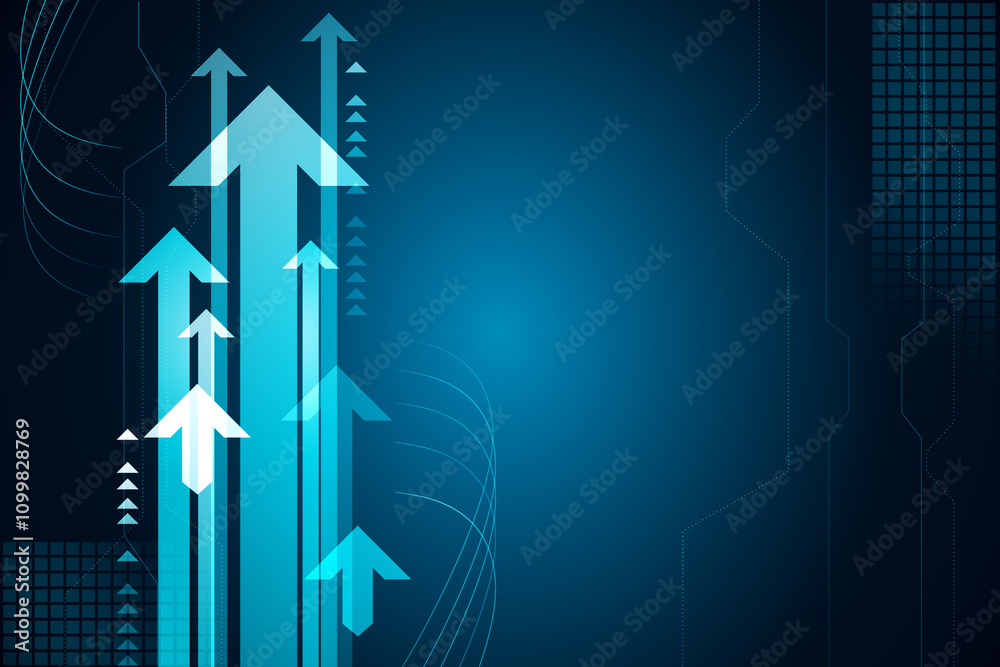 Fototapeta premium Blank dark blue technological background with space for advertisement or poster and vertical striving up arrows. 3D rendering, mock up