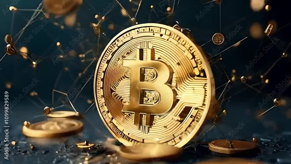A Bitcoin Spins Rapidly With Dollar Symbols Transforming Into Blockchain Nodes
