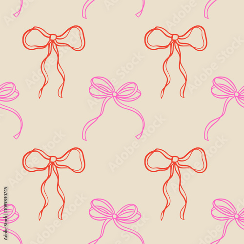 Elegant whimsical hand-drawn pink blue orange green color bows seamless patterns and wavy squiggle curly ribbons in trendy, vintage styles. Perfect for quirky holiday, wedding, birthday gift decor