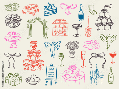 Set of whimsical hand-drawn wedding ceremony food and drink illustartion in trendy vintage style. Perfect for quirky wedding holiday, dinner and bar menu, bachelorette party, birthday invitation, sign
