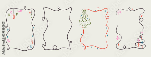 Set of Merry Christmas whimsical hand-drawn blue orange green color frames with wavy squiggle curly ribbons in trendy, vintage styles. Perfect for quirky holiday, Christmas invitation,greeting card