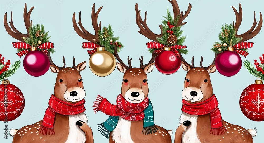 Fototapeta premium A whimsical reindeer design with illustrated reindeer wearing scarves and antlers adorned with Christmas ornaments