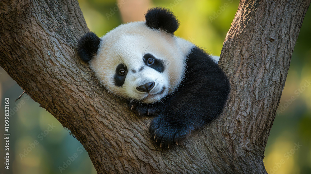 Fototapeta premium A panda cub climbs a tree.