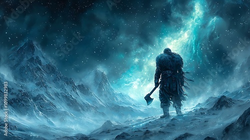 A Norse warrior wielding a massive axe in a frozen tundra landscape with aurora borealis lighting the sky photo