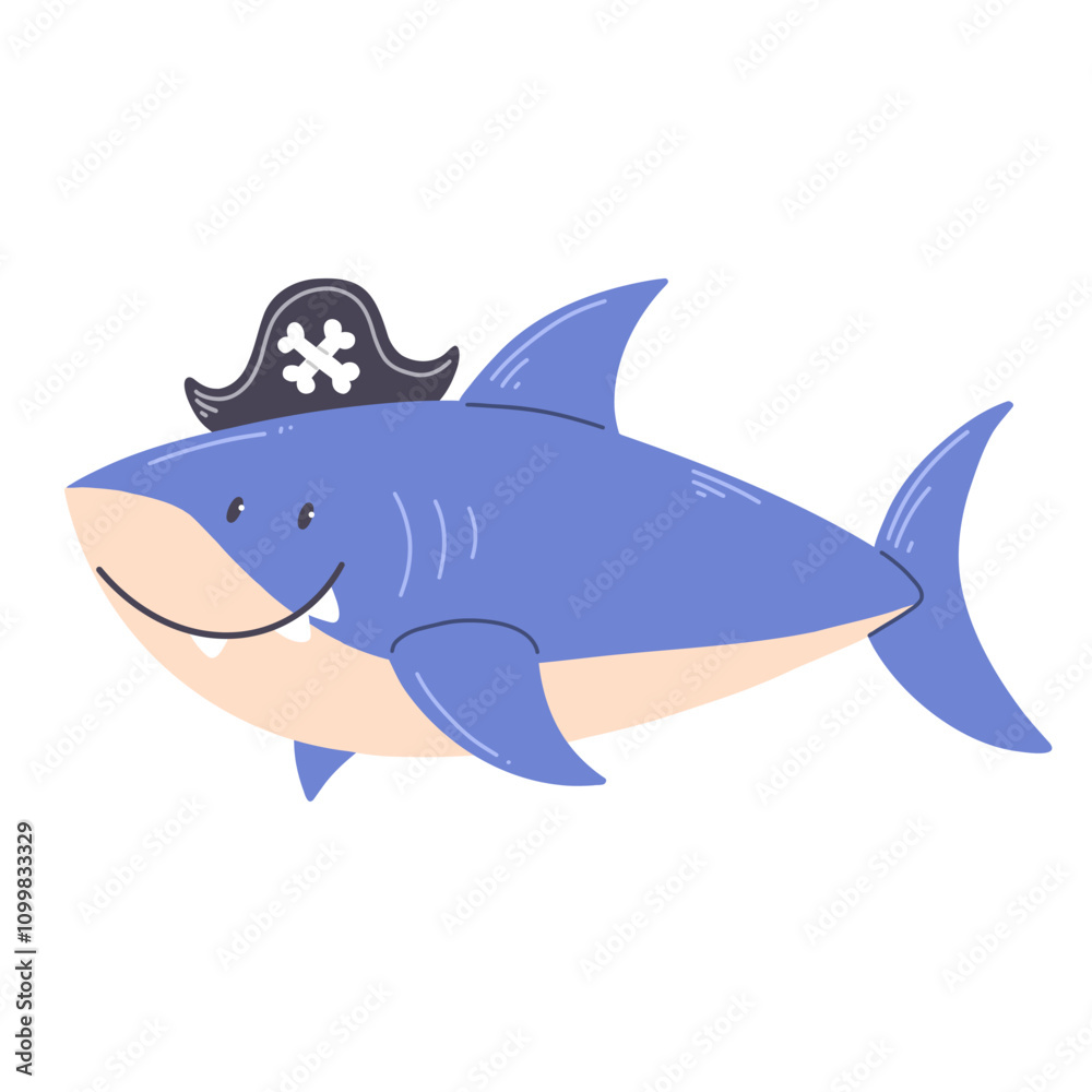 Obraz premium Cute pirate shark character isolated on a white background. Vector illustration.