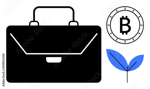 Black briefcase, Bitcoin symbol, and blue leaf illustrating business, cryptocurrency, and sustainability. Ideal for finance, investments, eco-friendly businesses, technology, startups digital