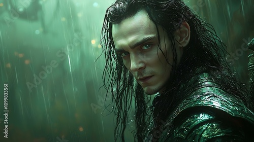 Loki holding a glowing dagger, sneaking through the halls of Valhalla under the cover of darkness