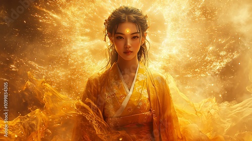 A Japanese goddess of the sun emerging from behind a celestial gate, with golden rays illuminating the scene photo