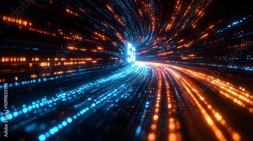 Futuristic neon 5G text floating in cyberspace with blue and orange light trails, depicting high-speed data streams and network connectivity in dark setting.