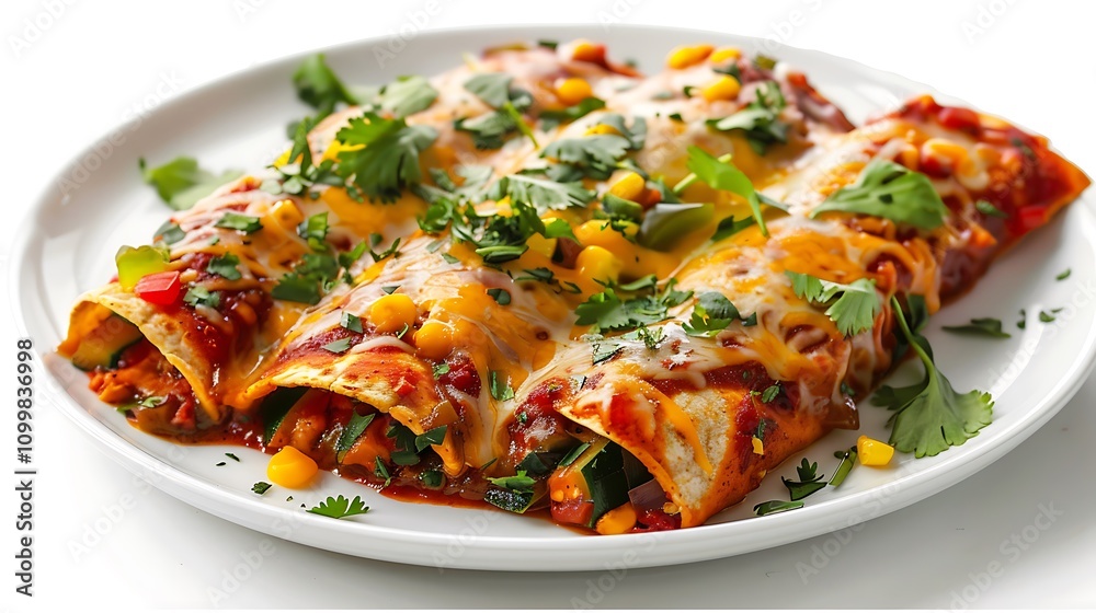 A plate of enchiladas topped with cheese, corn, and herbs, showcasing a delicious Mexican dish. A plate of enchiladas topped with cheese, corn, and herbs, showcasing a delicious Mexican dish.