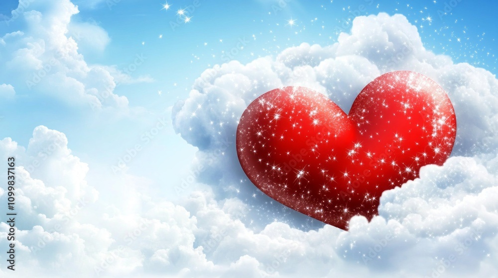 Fototapeta premium A red heart is floating in the sky, surrounded by clouds