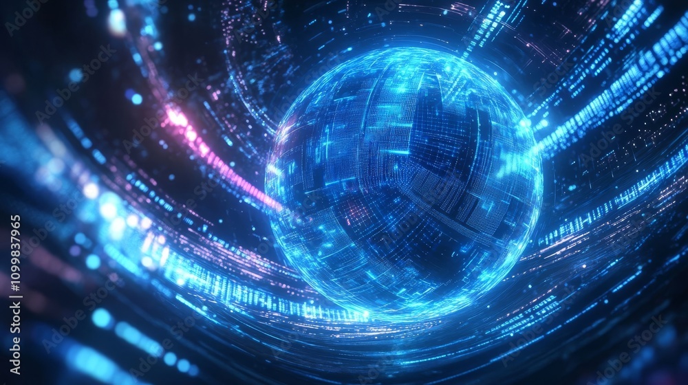 Obraz premium Abstract blue glowing background with a digital sphere and waves, a technology concept.