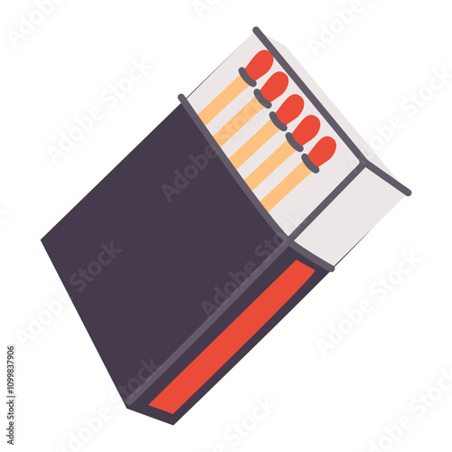 Match box with matchsticks. Open carton pack full of wood sticks with sulphur heads. Fire tool in cardboard package.