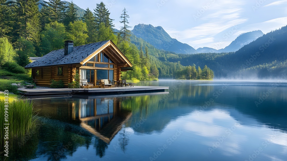 Obraz premium Panoramic view&nbsp;of luxurious wooden cabin with deck&nbsp;overlooking lake, surrounded by evergreen forest and misty&nbsp;mountains in serene morning atmosphere.