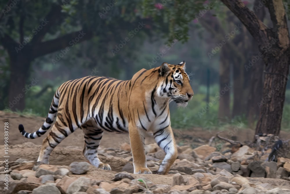 Obraz premium A majestic tiger in a forest, representing wildness and the animal kingdom.