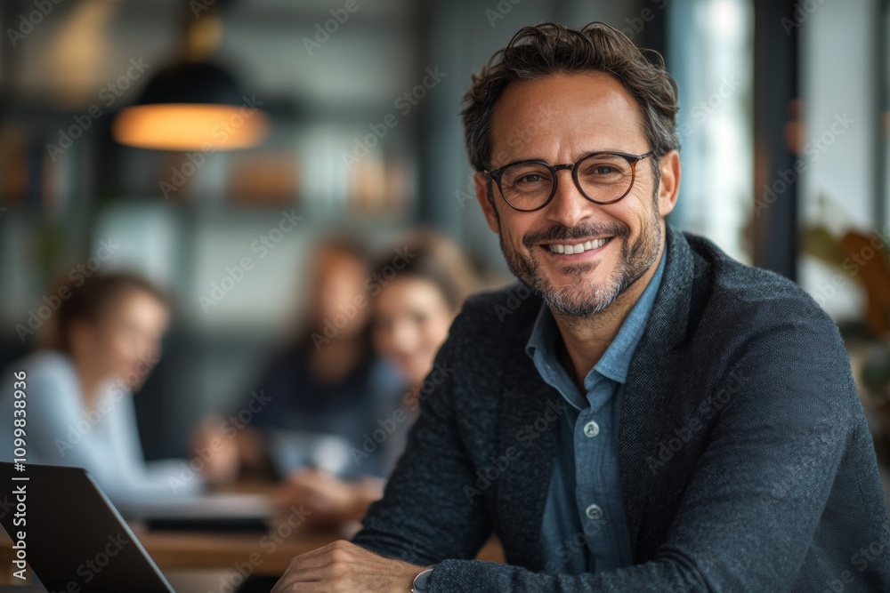 Obraz premium A man wearing glasses and a gray jacket is smiling and holding a laptop