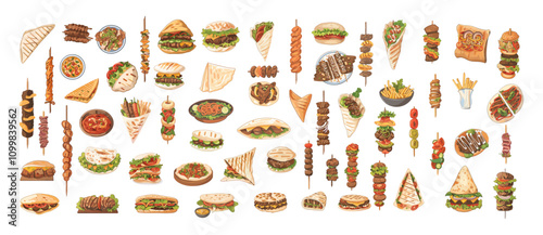 Cartoon doner kebab. Arabian and turkish fast food sandwich with chicken meat, hearty grilled beef pita with vegetables inside, muslim street meal burgers, isolated illustrations on white backdrop