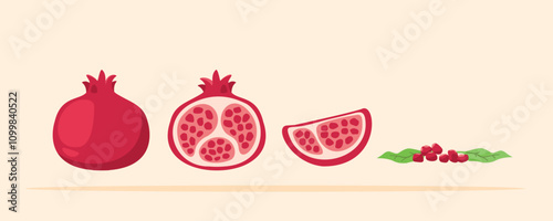 Fresh pomegranate in various shapes, antioxidant fruit, suitable for posters and web icons