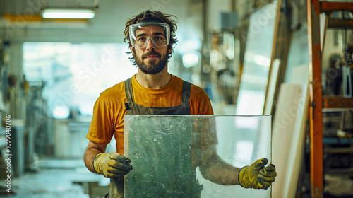 A glassmaker at work holds a sheet of glass in his hand