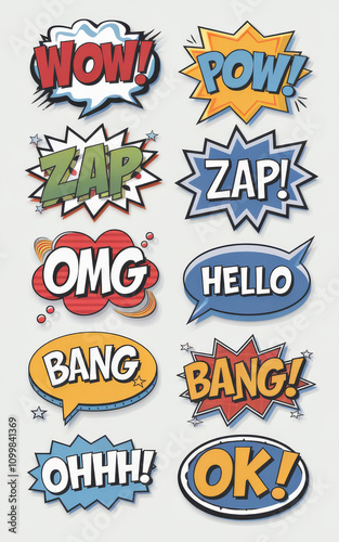 Collection of vibrant pop art speech bubbles with fun expressions. Colorful cartoon comic speech bubbles with expressive text designs on a white neutral tone background. photo