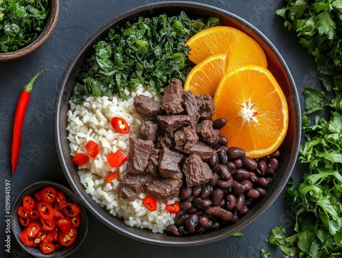 Top view of brazilian feijoada with black beans and rice culinary delight home kitchen vibrant dish presentation