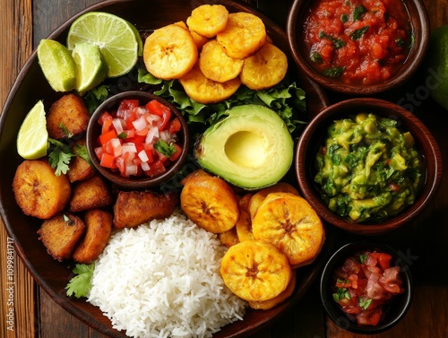 Top view of colombian bandeja paisa with rice and plantains dining table setting delicious culture photo