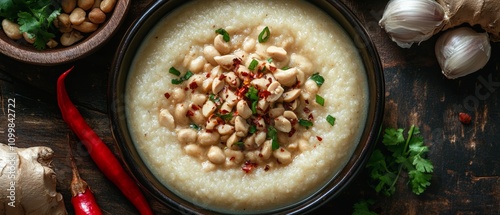 Top view of ghanaian fufu with spicy peanut soup traditional dish home kitchen close-up presentation photo