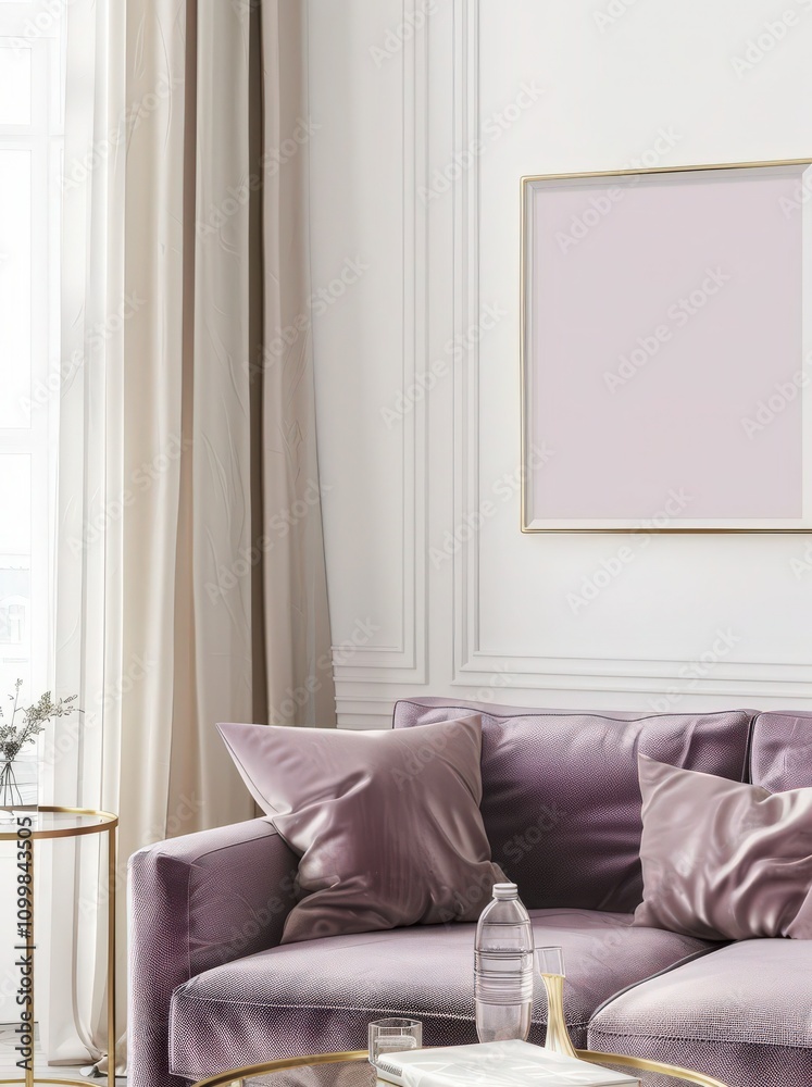 Fototapeta premium A plush purple velvet sofa with throw pillows. a glass coffee table with books. and a framed abstract painting in a modern living room