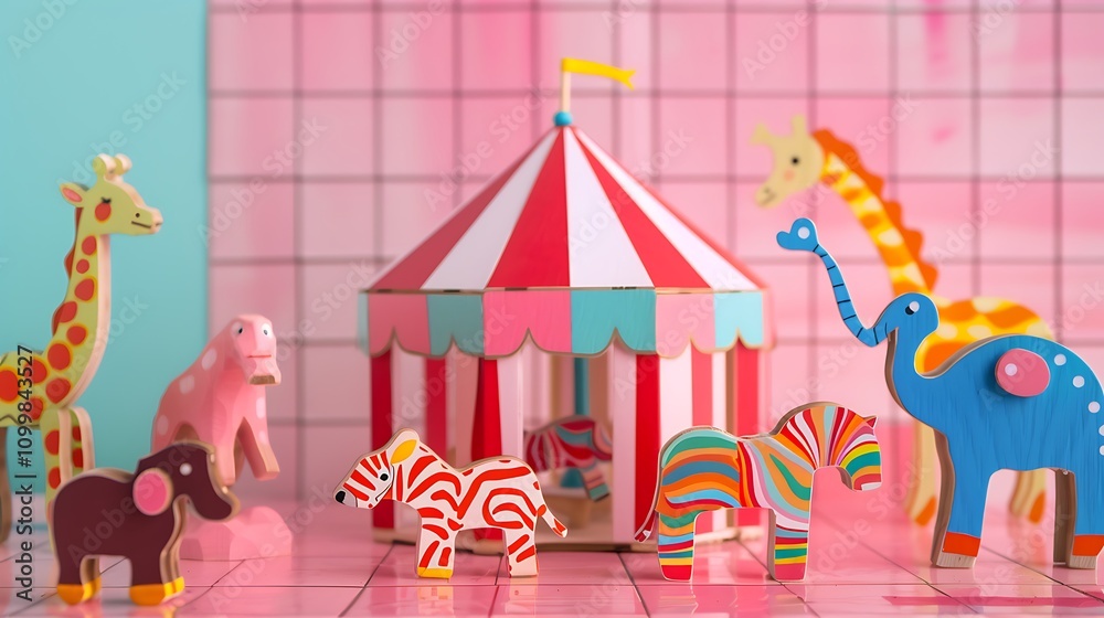 Obraz premium Wooden circus animals under a big top tent on pink tile background