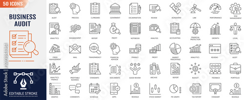 Business Audit Editable Stroke Line Icon set. Containing Accounting, Checking and audit icon. Vector Illustration