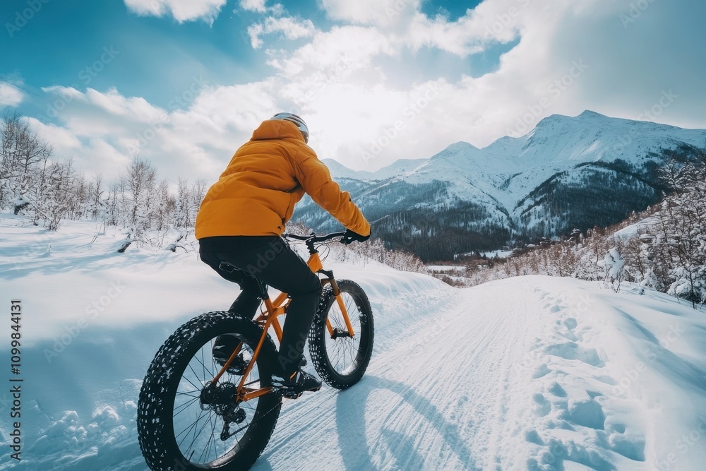 Fototapeta premium Person on fatbike rides snowy mountain trail. Perfect for winter sports, adventure, and travel themes.