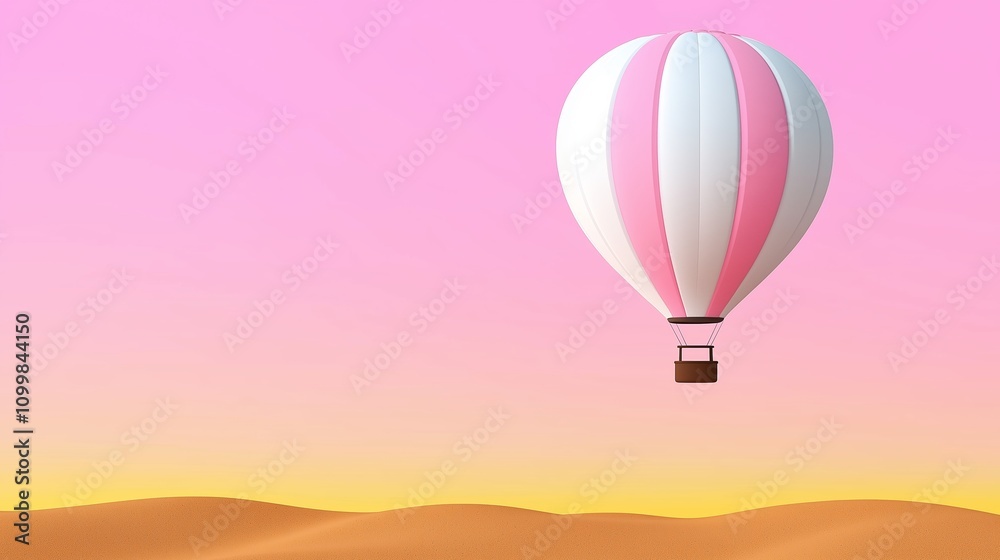 Obraz premium Hot air balloon floating above a flat landscape of rolling hills, with a soft sky gradient in the background, representing the freedom of exploration.
