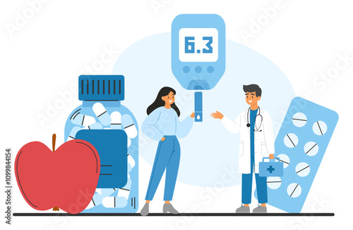 Diabetes care concept with a glucose monitor, medical checklist, and patient receiving advice from a doctor. Healthcare