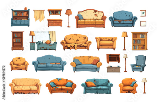 Cartoon furniture remains. Abandoned old living room dirty and broken sofa table cupboard with chair and floor lamp, dusty couch with torn upholstery ruined home decor, isolated vector illustrations