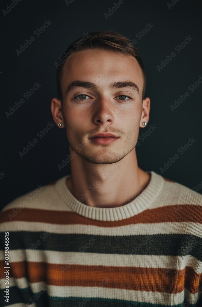 Fototapeta premium A man with brown hair and a beard is wearing a striped sweater