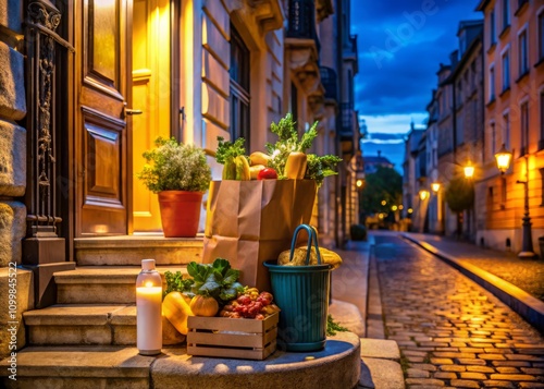 Night Photography of Contactless Food Delivery in Paris During Covid-19, Showcasing Grocery Orders at Doorsteps and Online Shopping for Takeout Meals and Donations photo