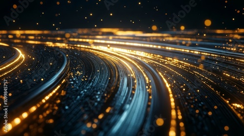a scene with a dark background featuring a light track with golden lines on the left and an illuminated white spiral in the center, 3D rendered gold curves.