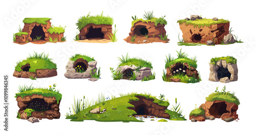 Cartoon ground holes. Animal shelter entrance in grass hill with stones, earth soil underground hideouts, wildlife den nests isolated illustrations on white background