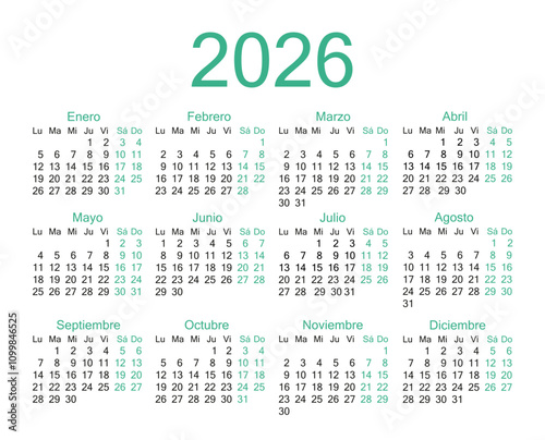 Calendar in Spanish for 2026. The week starts on Monday.