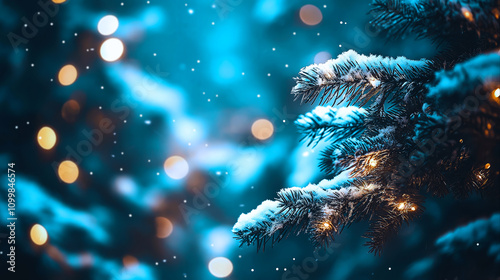 Snow-covered pine branches illuminated by soft, warm lights, set against blurred, dreamy winter background. Delicate snowfall creates peaceful, festive ambiance, perfect for holiday, winter designs