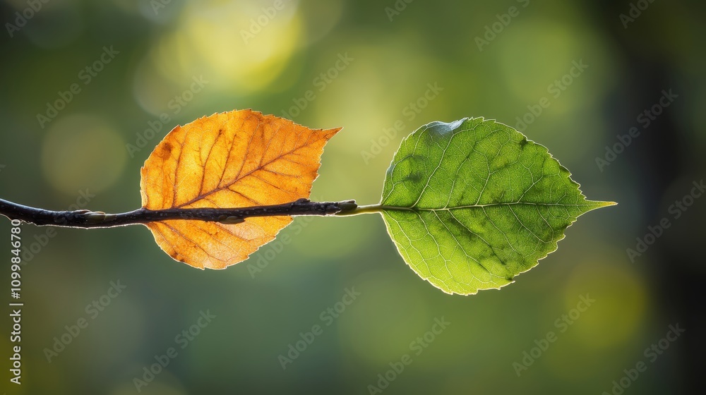 Obraz premium Grünes und gelbes Blatt auf einem Zweig