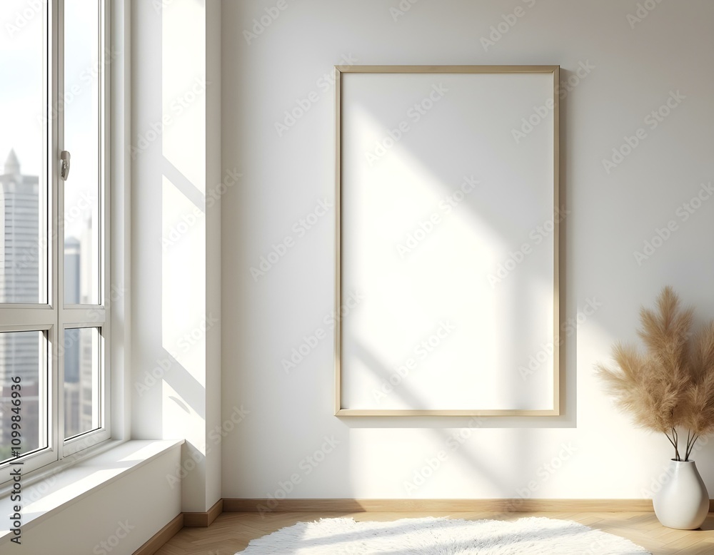 Fototapeta premium Big rectangle frame on wall in office, window with New York view on left. Concept of decoration. Mock up. 3D rendering