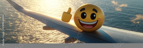 A joyful 3D emoji with thumbs-up on an airplane wing flying over shimmering oceans photo