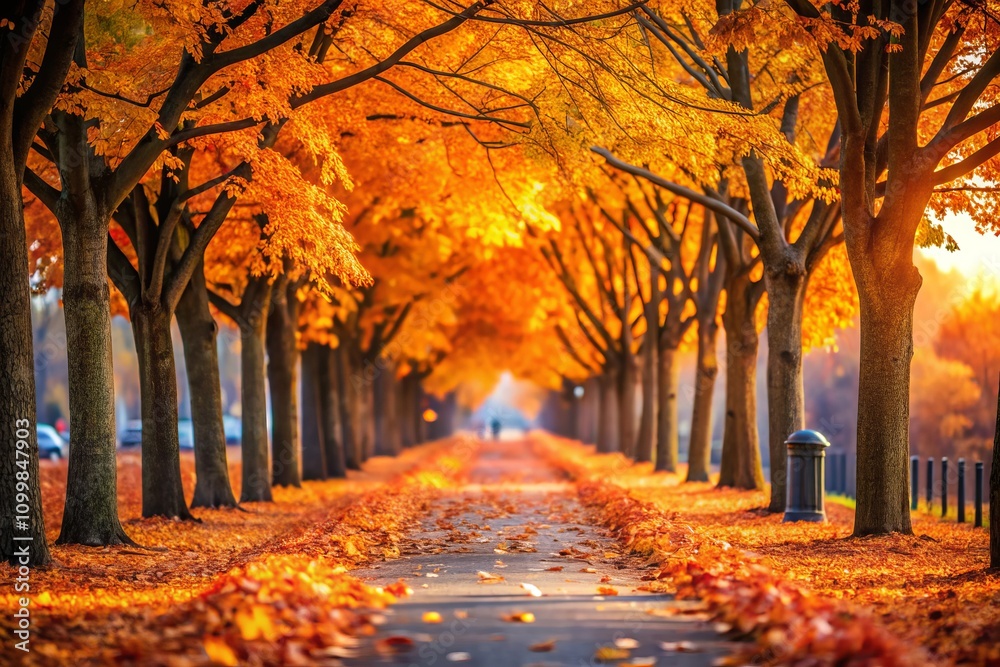 Fototapeta premium Serene Tree-Lined Sidewalk Blanketed in Vibrant Orange and Yellow Autumn Leaves Creates a Picturesque Fall Scene with Gentle Bokeh Effect for Nature Lovers and Photographers