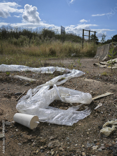 Plastic wrapping material abandoned on brownfield site photo