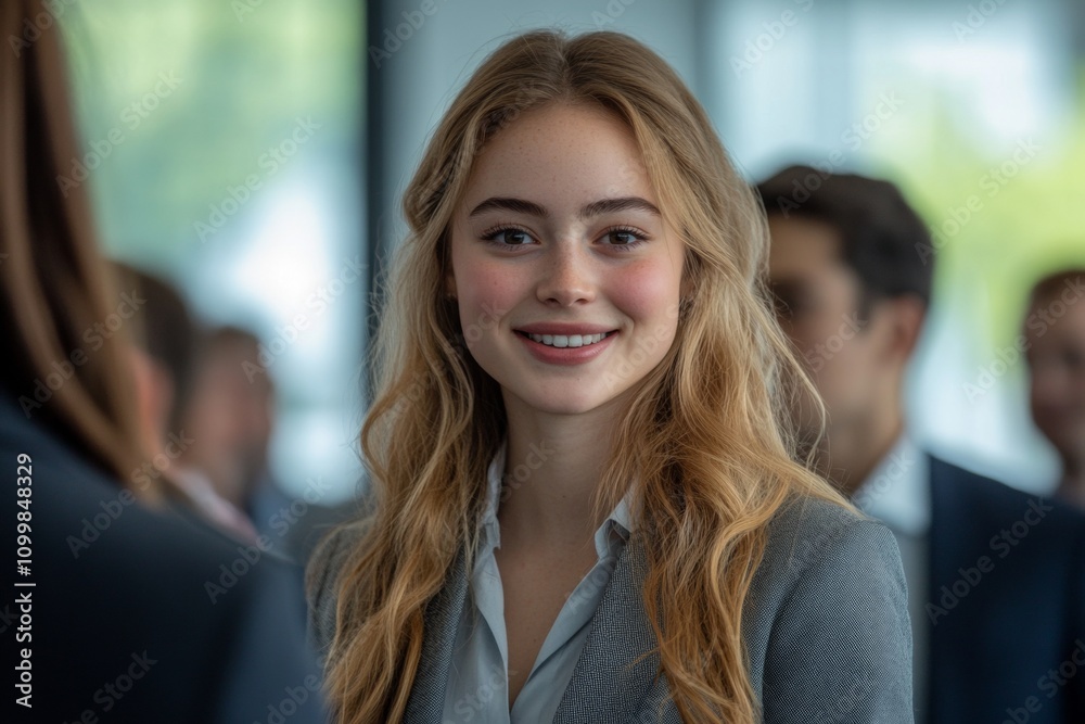 Fototapeta premium A woman with long blonde hair is smiling at the camera