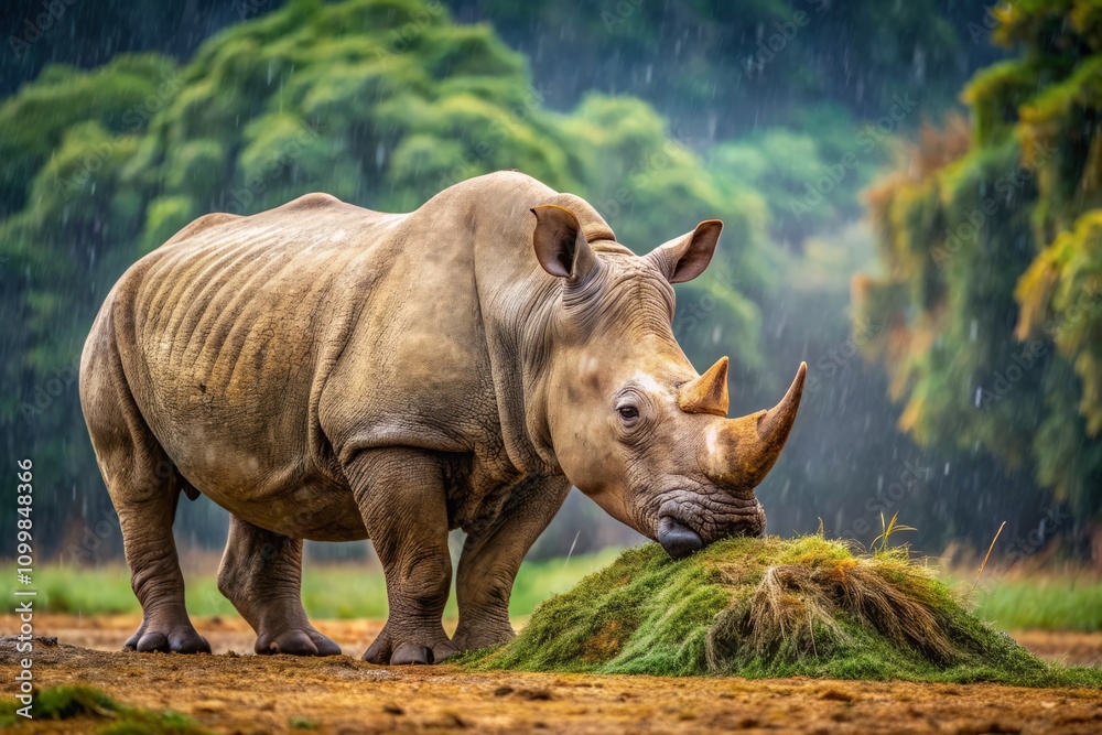 Fototapeta premium Southern White Rhinoceros Chewing Hay in Rainy Weather - Urban Exploration Photography of Wildlife in Natural Habitat