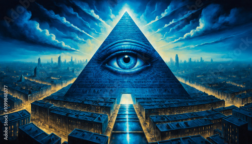 Fantasy illustration of a giant blue pyramid with all-seeing eye watching over the city